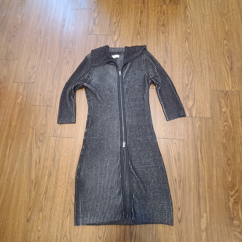 Calvin Klein Black Metallic Ribbed Zip-Front Mini Dress